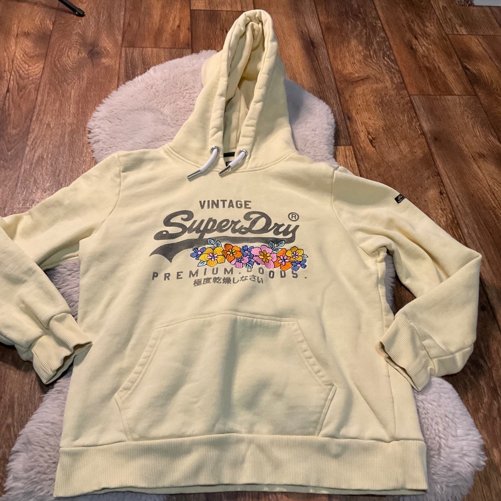 SuperDry Hooded Sweatshirt Size 10 Light Yellow Embroidered Flowers Womens